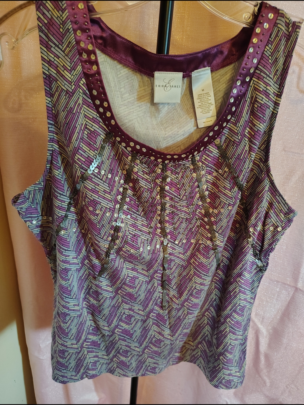 Emma James Purple Patterned Tank Top with Stud Trim